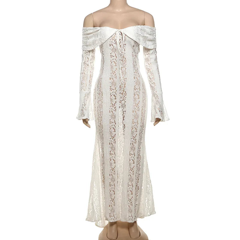 Women's Elegant Lace Up Flared Sleeve Long Dress Fashion Hollow Out Off Shoulder Bodycon Vestidos 2024 Lady New Beach Partywear