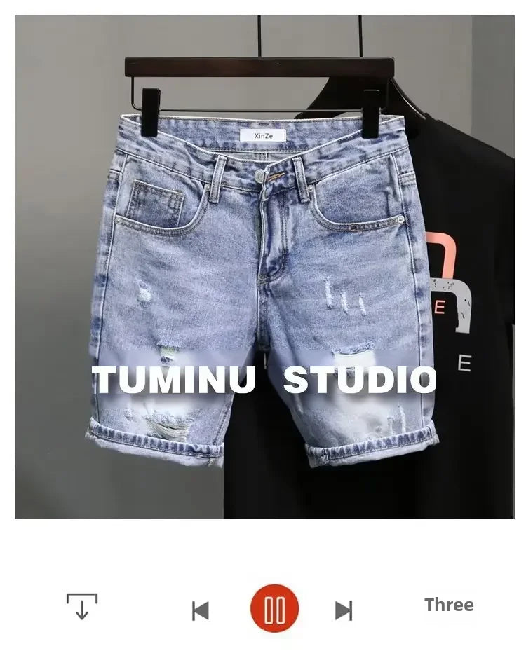 Trendy Blue Denim Shorts For Men Casual Style Slim Fit Korean Version Ripped Pockets Summer Lightweight Trousers