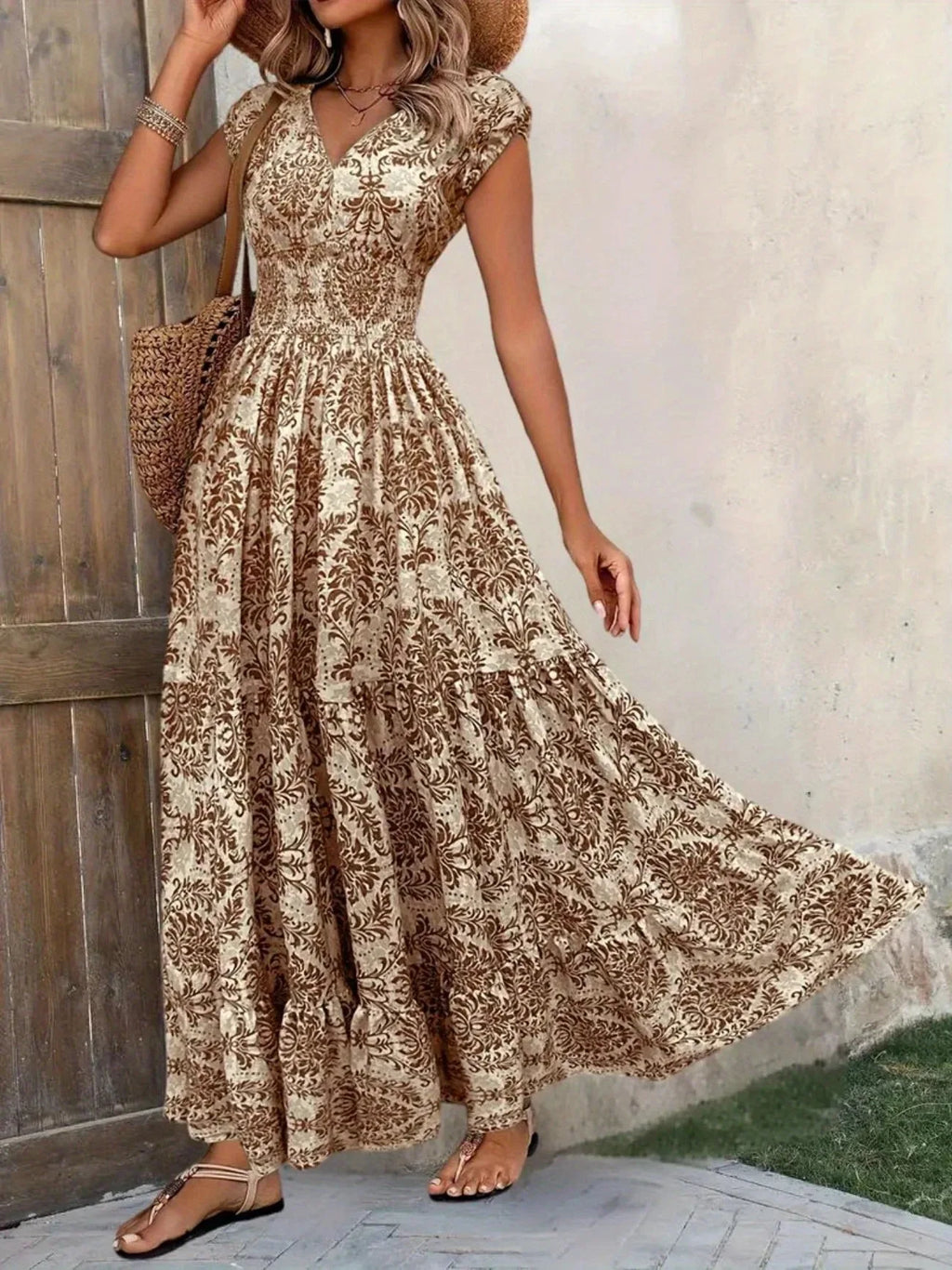 Women's Summer Retro Fashion Floral Printed Sexy V-neck Short Sleeve High Waist Medium Length Bohemian Loose Holidays Dresses