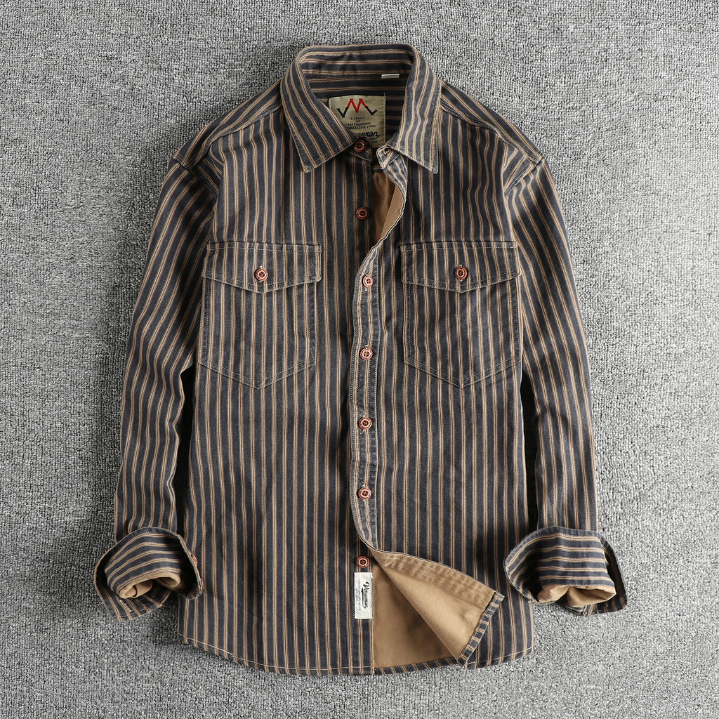 2025 Autumn And Winter New American Retro Stripe Long-Sleeve Lapel Shirt Men's Simple Fashion Washed Multi-pocket Casual Blouses