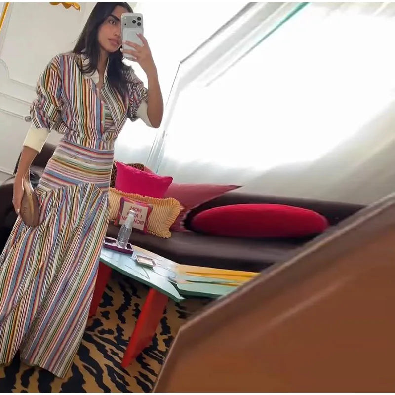 Multicolor Striped Shirt 2 Picec Set Button Front Blouse High Waist Flared Hem Maxi Skirt 2026 Summer Elegant Lady Vacation Suit