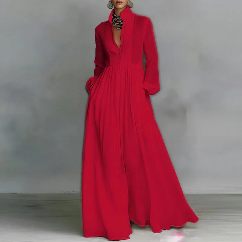 French Elegant High Waist Swing Long Dress Woman Spring Solid Pockets Pleated Maxi Dress Autumn Long Sleeve Button Evening Dress