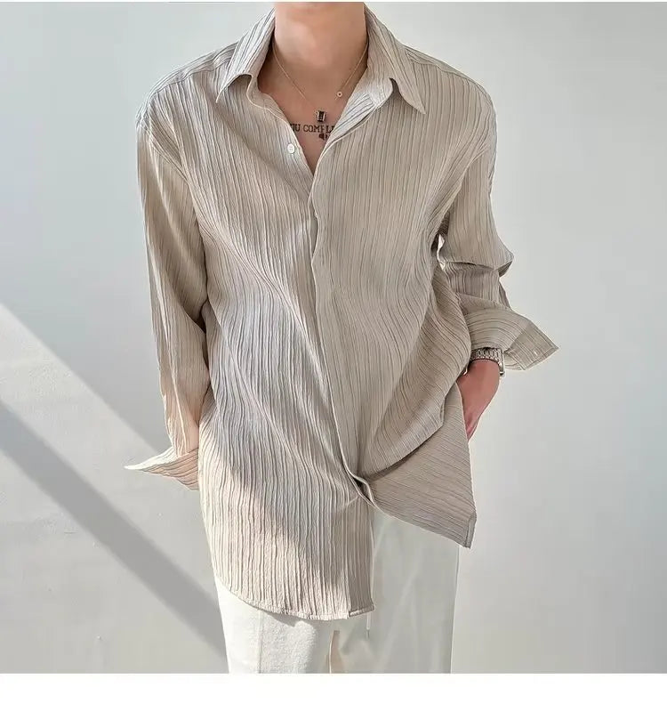 Black Apricot White Long-sleeved Shirt Men Fashion Social Mens Dress Shirt Korean Loose Casual Pleated Shirts Mens Formal Shirt