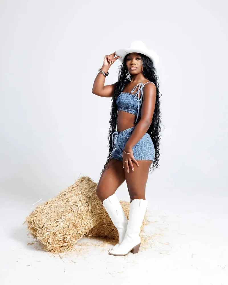 Women Fashion Sexy Denim 2 Piece Set Strapless Lace Up Spaghetti Straps Camisole Crop Tops + High Waist Shorts Casual Jeans Suit