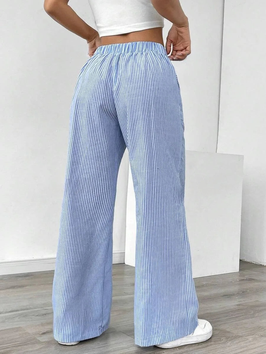 American Style Retro Vertical Stripe Drawstring Wide Leg Pants High Waist Dipping Loose Straight Casual Pants