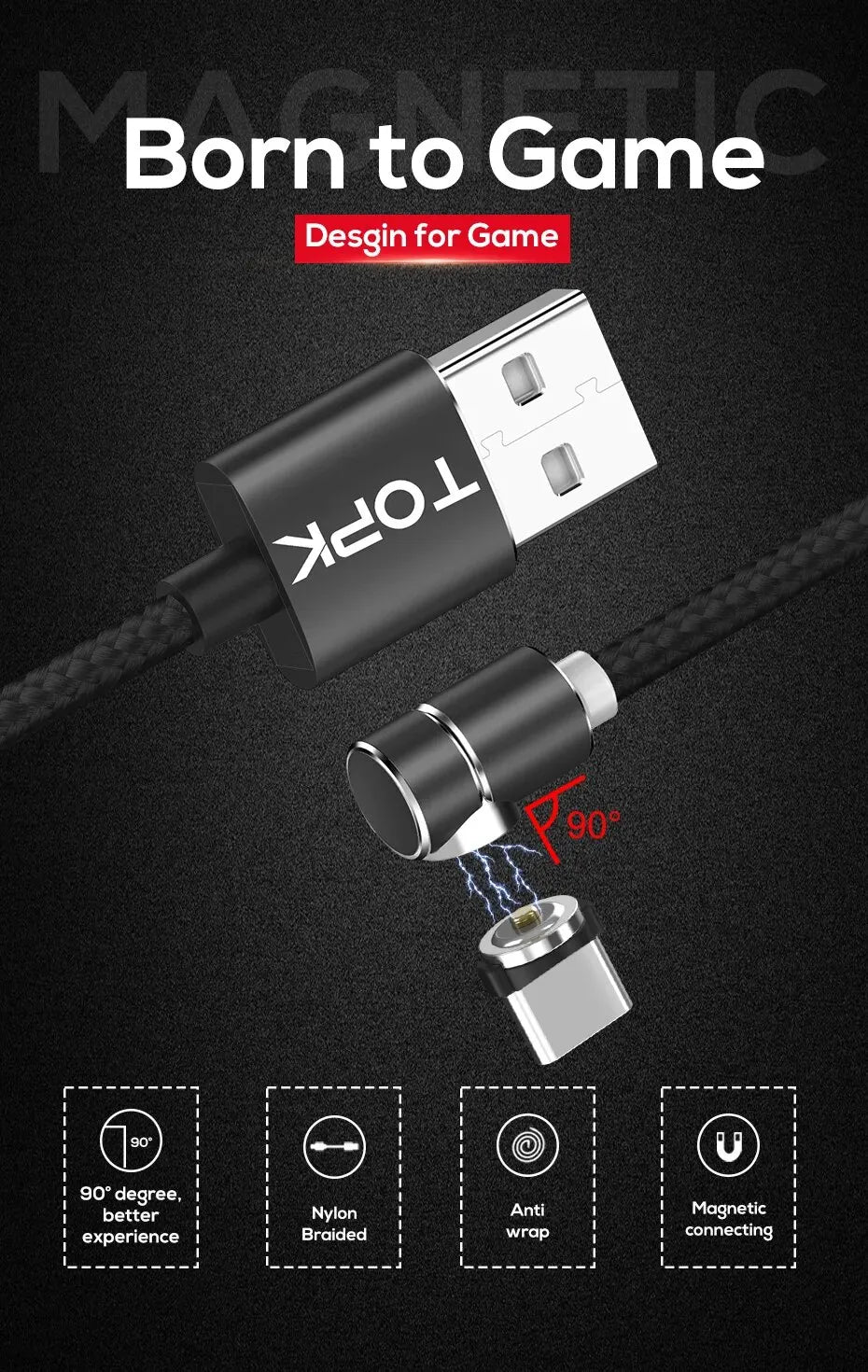 TOPK Magnetic Charging Cable 360° Rotating Magnetic Phone Charger Cable with LED Light, 90° Angle Connector, Nylon-Braided Cords