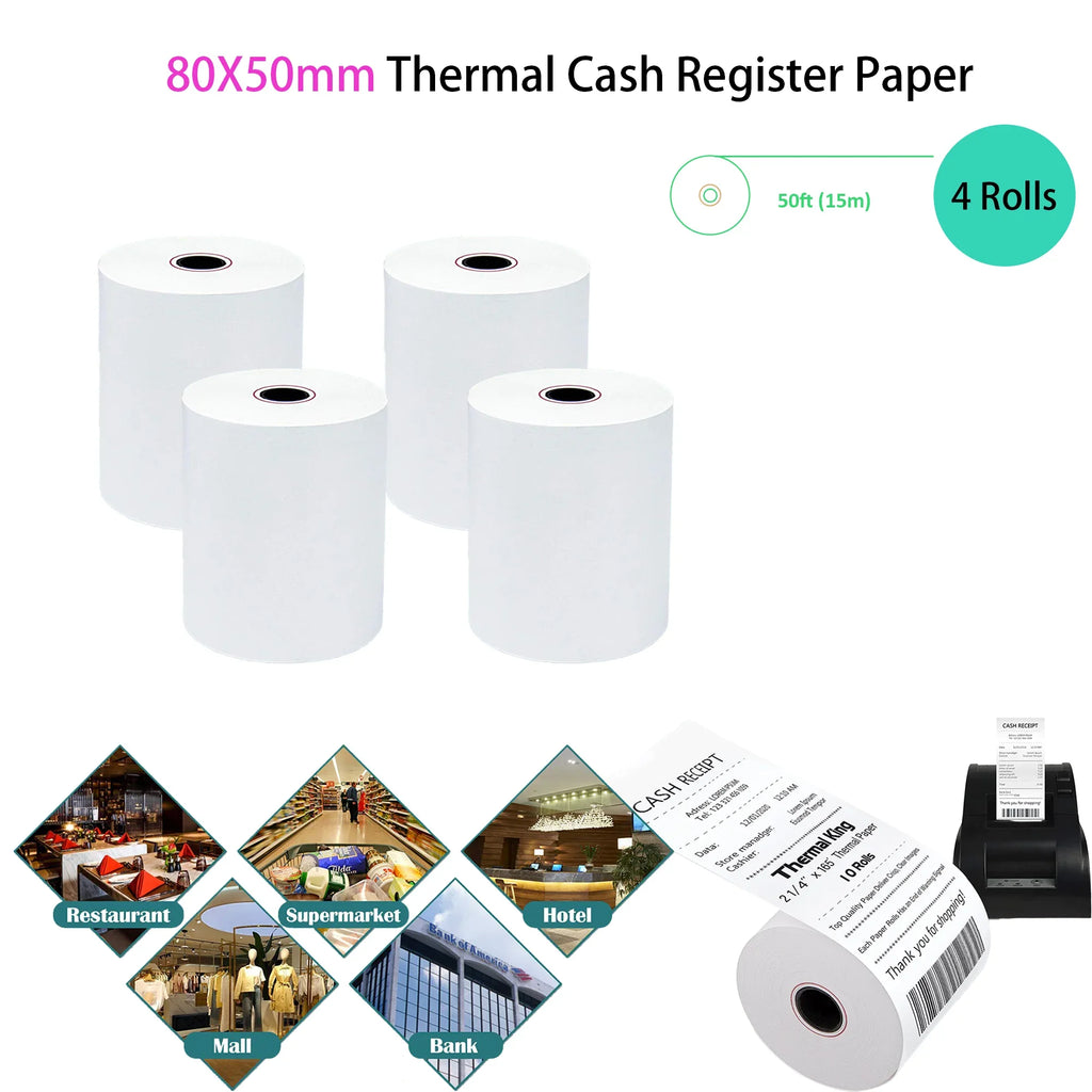 3 1/8 x 50 Thermal Paper (80mm x 50m) for Square POS System, Register Thermal Receipt Paper Rolls for TM-T88III,TM-T88IV,TM-T88V