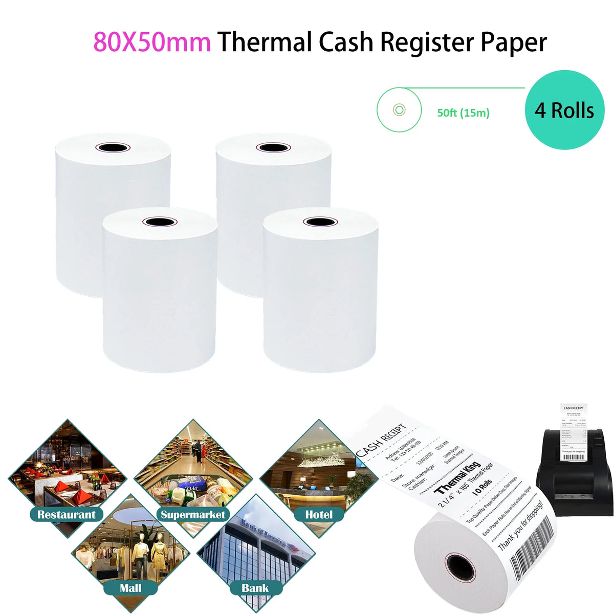 3 1/8 x 50 Thermal Paper (80mm x 50m) for Square POS System, Register Thermal Receipt Paper Rolls for TM-T88III,TM-T88IV,TM-T88V