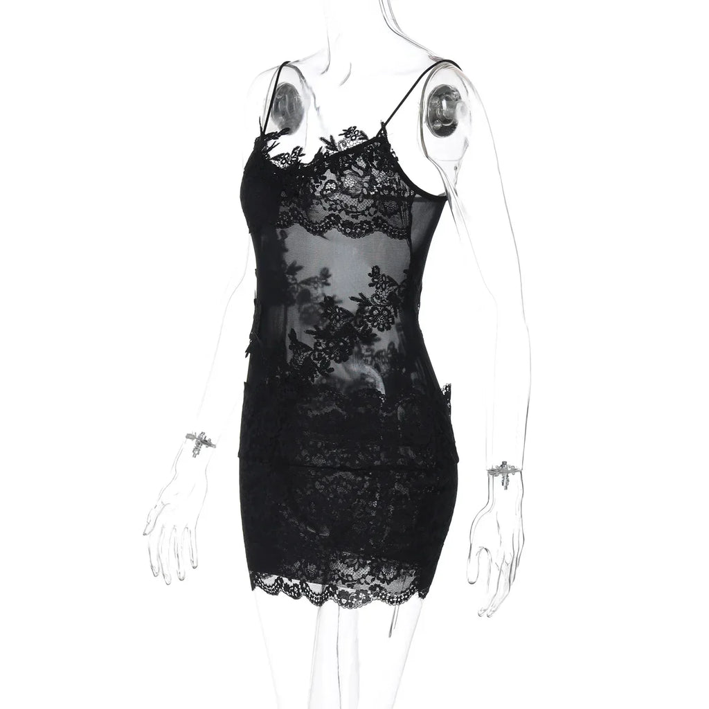 Woman Clothing Spaghetti Strap Mesh Lace Patchwork Party Club Dress Female Sexy See-through Sleeveless Short Evening Dresses