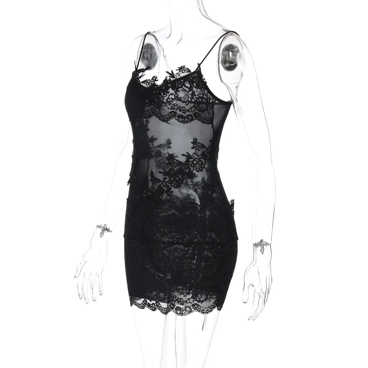 Woman Clothing Spaghetti Strap Mesh Lace Patchwork Party Club Dress Female Sexy See-through Sleeveless Short Evening Dresses