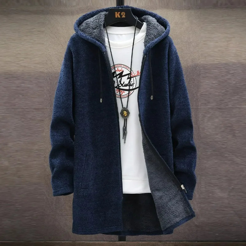 KIDWHXR 2026 Autumn Winter Men Fleece Cardigan Jacket Thicken Windproof Man Hooded Coat Mid Length Long Sleeve Male Sweater
