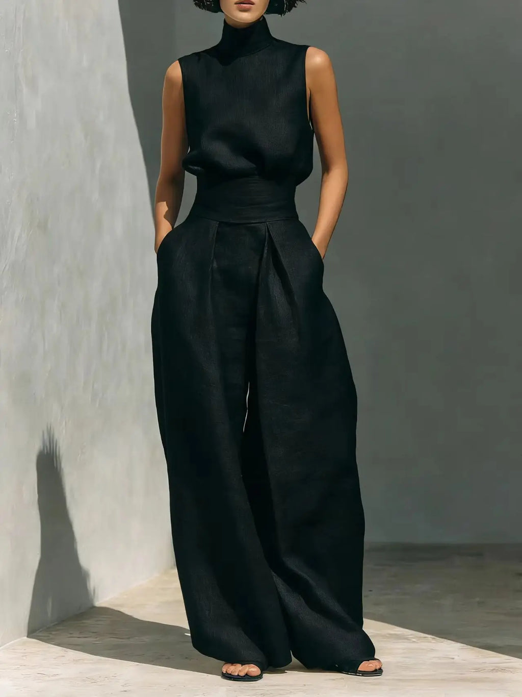 New Women's Solid Color 2 Piece Sets Sleeveless High Neck Tops+High Waist Wide Leg Pants Casual Minimalist Female Summer Outfits