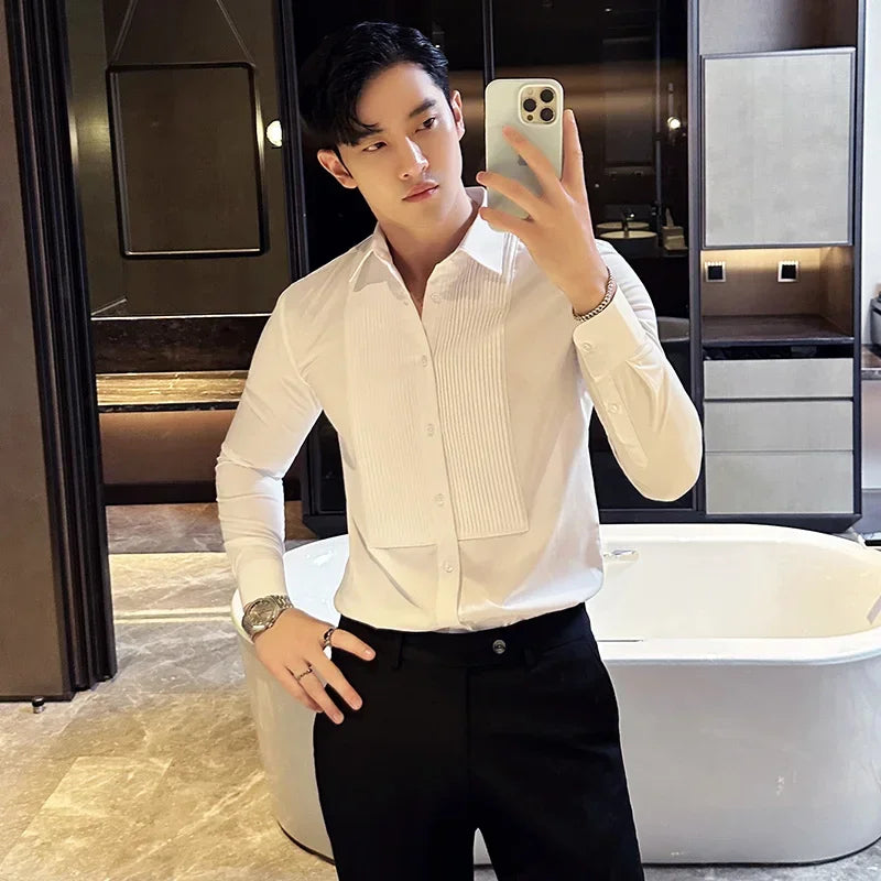 Groom Wedding Party Dress Shirt Men's Fashion Pleated Design Slim Fit Shirt Men Formal Long Sleeved Social Business Tailcoat