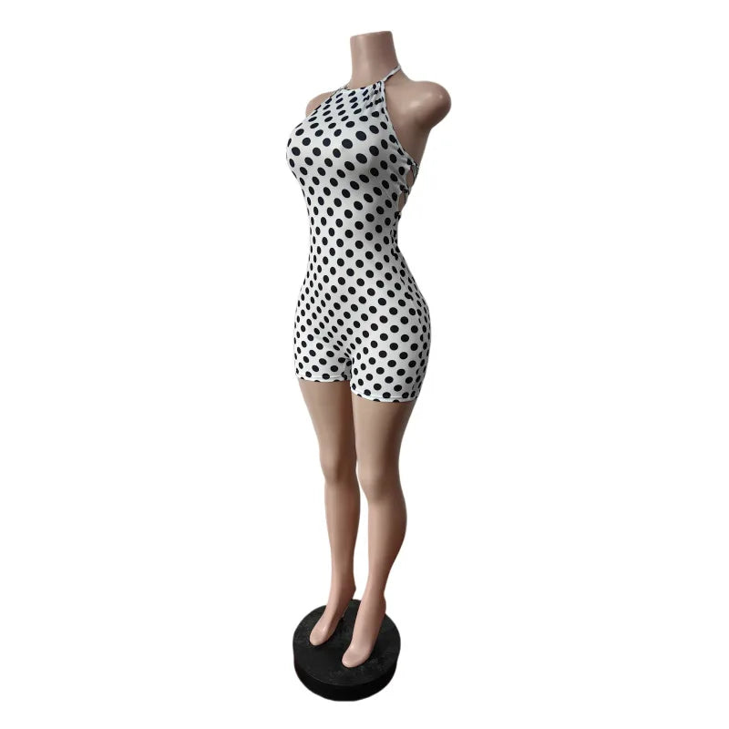 Retro Polka Dot Print Patchwork Bodycon Romper Women Halter Neck Backless Short Jumpsuit New 2026 Female Streetwear Sexy Overall
