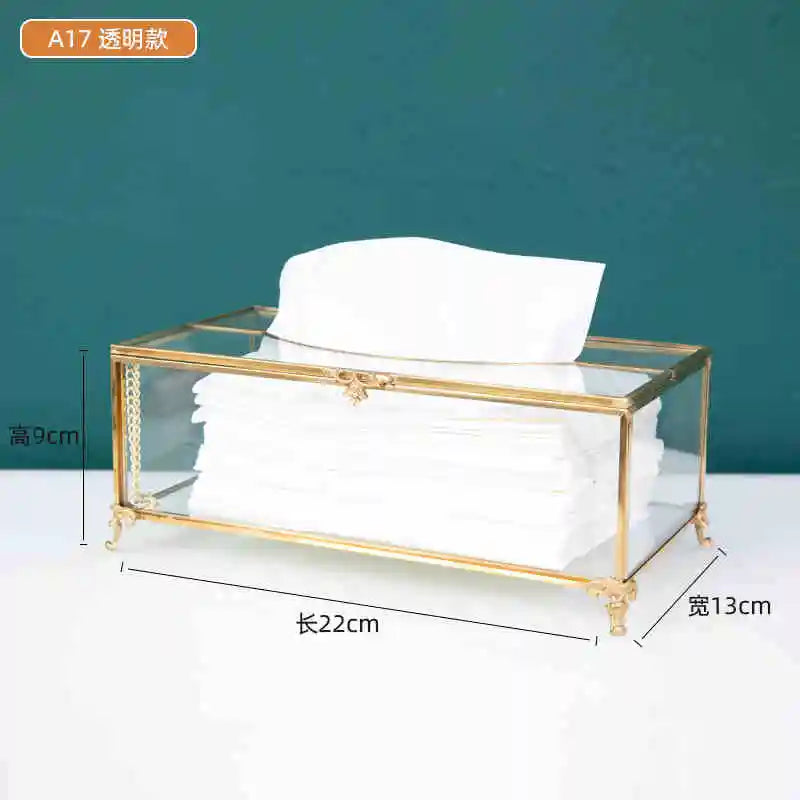 Vintage Brass Glass Tissue Box Living Room paper Storage Holder Tea Table Desktop Paper Box Hotel Restaurant Tissue Organizer
