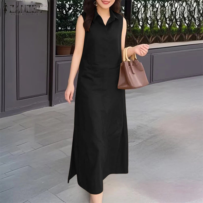 2025 Summer Sleeveless Sundress ZANZEA Women Long Dress Elegant Work OL Dresses Casual Lapel Neck Solid Vestidos Split Hem Robe