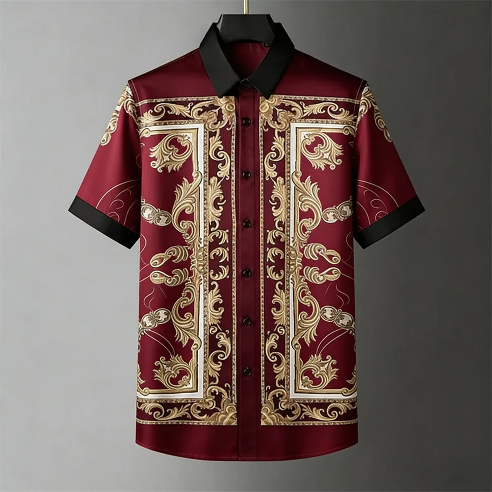 Fashion Men's Retro Soft Short Sleeve Shirt Gold Pattern Natural 3D Printed Shirt Men's Clothing Casual Party Tops