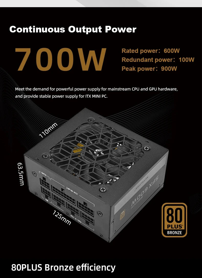 METALFISH SFX 80Plus Bronze 500/600W PSU Black Power Supply Full-Modular For Mini ITX Chassis Small Computer Case 100/240V Input