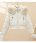Women Winter Cotton Coat Short Fur Collar Hooded Outerwear Windproof Warm Long Sleeve Jacket Solid Color Slim Fit Lady Down Coat