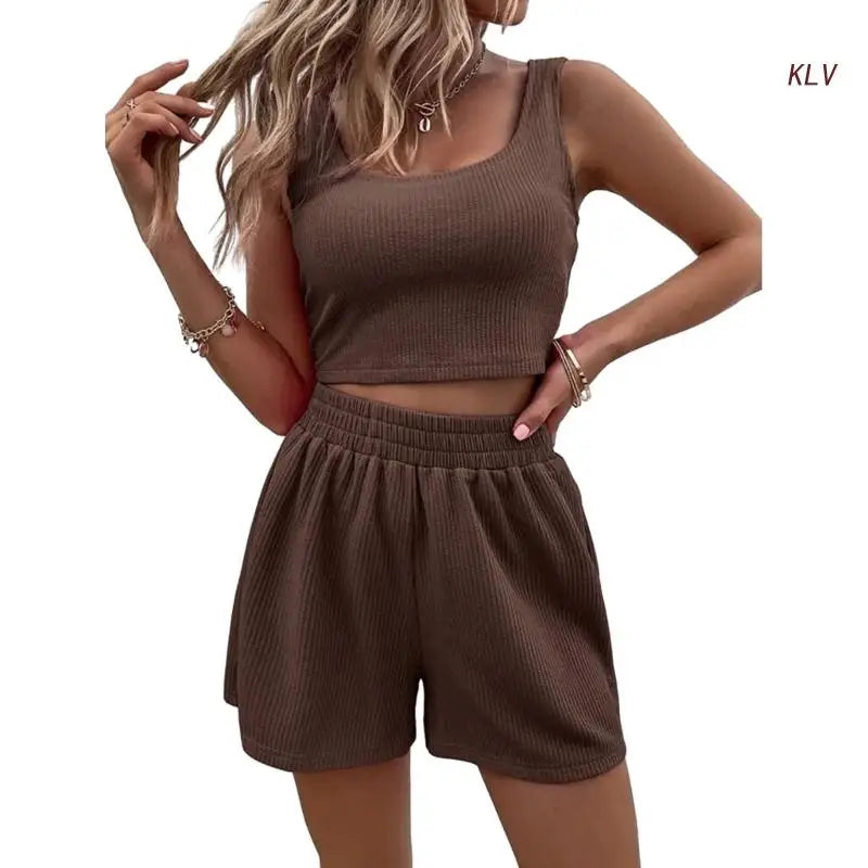 Women Tracksuit Set 2 Piece Two Piece Outfits For Women Sexy Shorts Set Ribbed  Top And Shorts Set Lounge Set