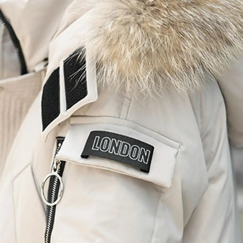 Men Down Jacket Fur Collar Hooded Long Sleeve Solid Color Winter Coat Zipper Placket Pockets Thickened Puffer Outwear