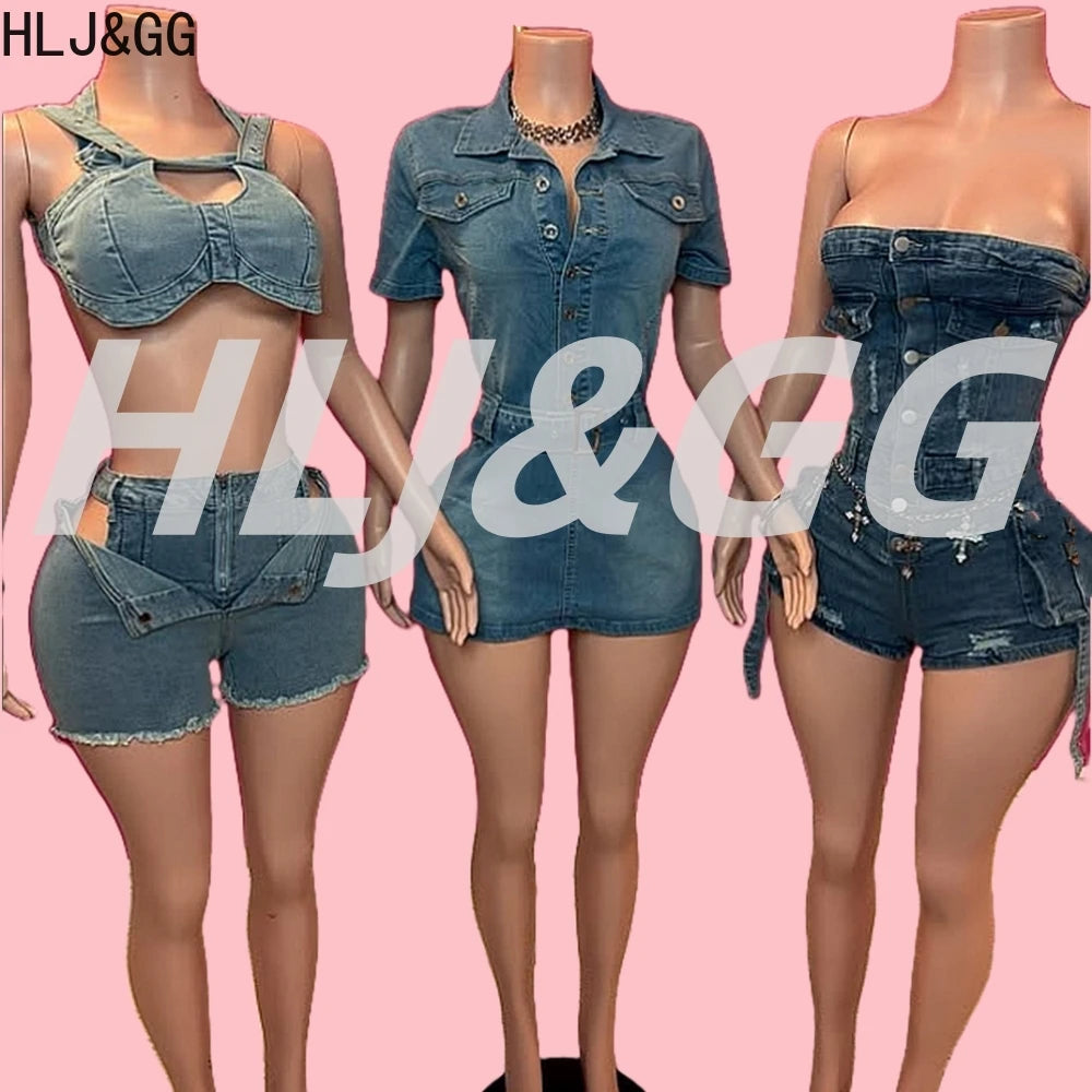 HLJ&GG Blue Denim Fashion Hollow Out Shorts Two Piece Sets Women Sleeveless Backless Bandage  Crop Top And Shorts Cowboy Outfits