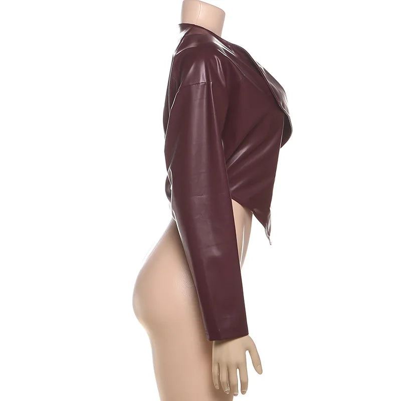 Joskaa 2025 Fall Women's PU Leather Jackets Fashion Solid Lapel Full Sleeve Slim Irregular Crop Coats Outerwear Y2K Streetwear