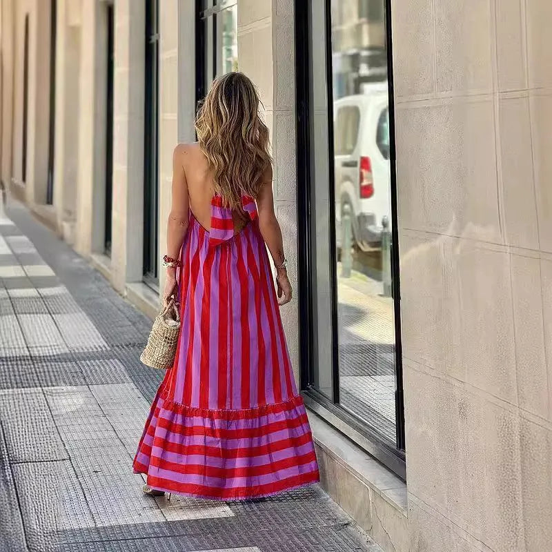 Summer New Sleeveless Neck Hanging Pink Dress Women's Long Dress With Backless Straps Loose Striped Printed A-line Skirt 2026
