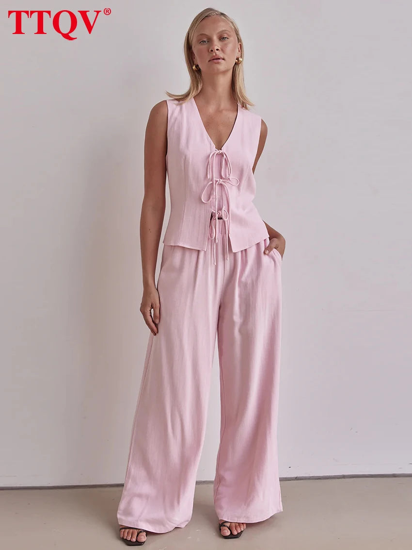 TTQV Summer Loose Pink 2 Piece Sets Woman Outfit Fashion Sleeveless Tank Top With High Waist Wide Pants Set Female Streetwear