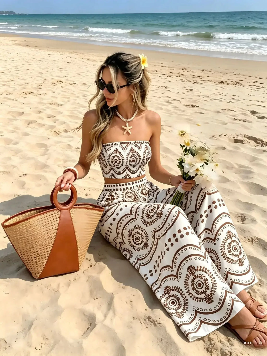 New Bohemian Vacation Plant Print Bandeau Wide Leg Pants, Fashion Two Piece Outfit