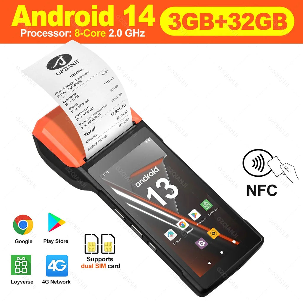 Android 14 Handheld Terminal Android 11 POS Receipt Printer 58mm Portable Machine 5.5 HD Support 1D 2D Barcode Scanner NFC WIFI