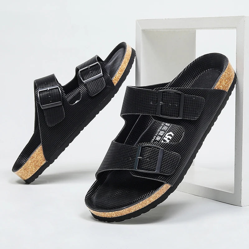 Summer Men Women Cork Slippers Clogs Microfiber Leather Slides Casual Slip On Sandal Double Buckle