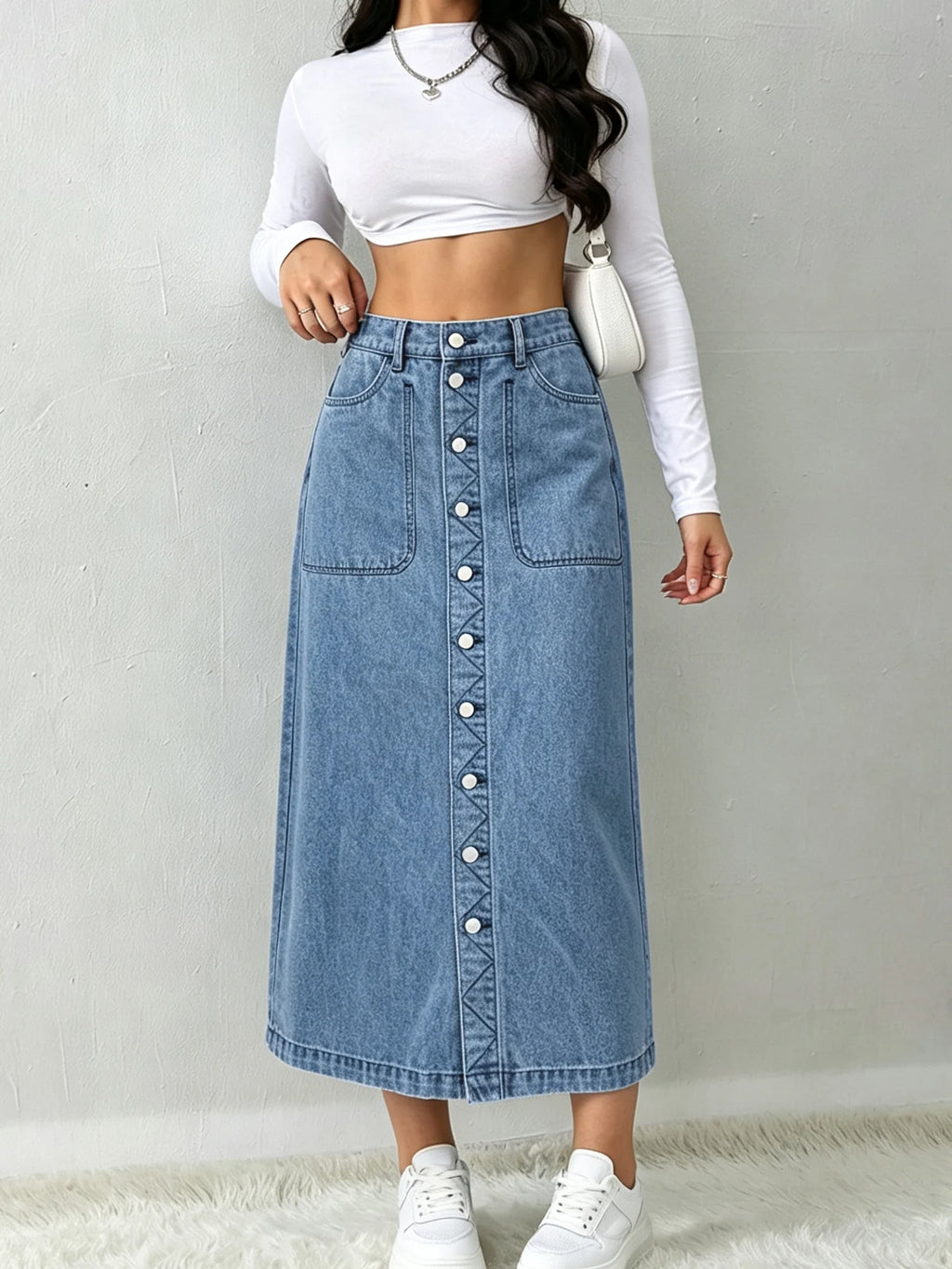 High-Waisted, Washed Blue, A-Line, Loose-Fit Casual Denim Skirt—Mid-Length, Non-Stretch, Button-Down Design