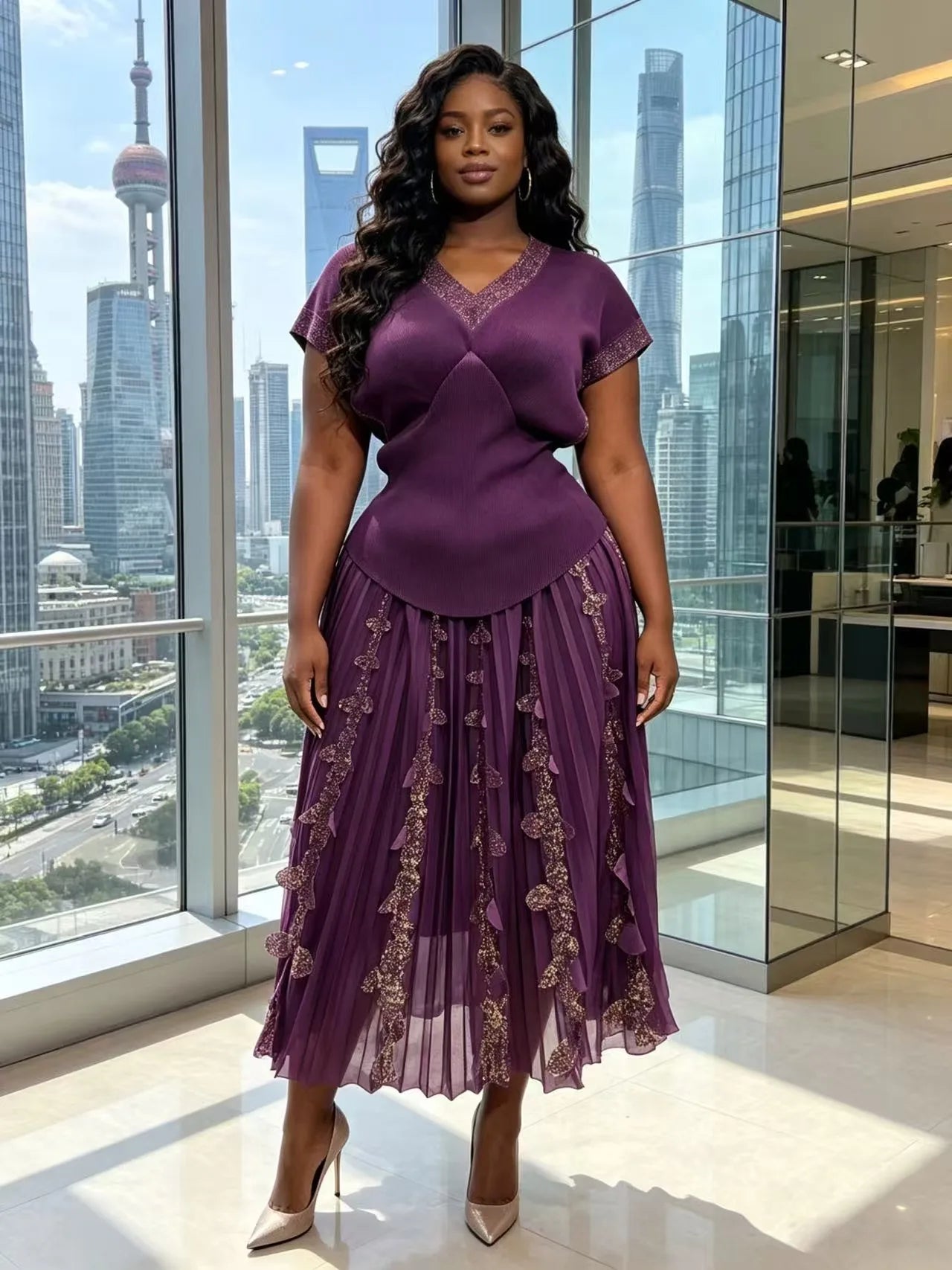 2026 Spring and Summer Retro High Waist and Thin Bronzing Suit  V-neck Bat Sleeve Versatile T-shirt Skirt Two-piece Suit Women