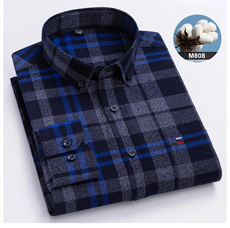 New in ShirtPlus Size 7XL 100% Cotton Sanding Long-Sleeve Shirts for Men Slim Fit Plain Shirt Striped Plaid Single Pocket Clothe