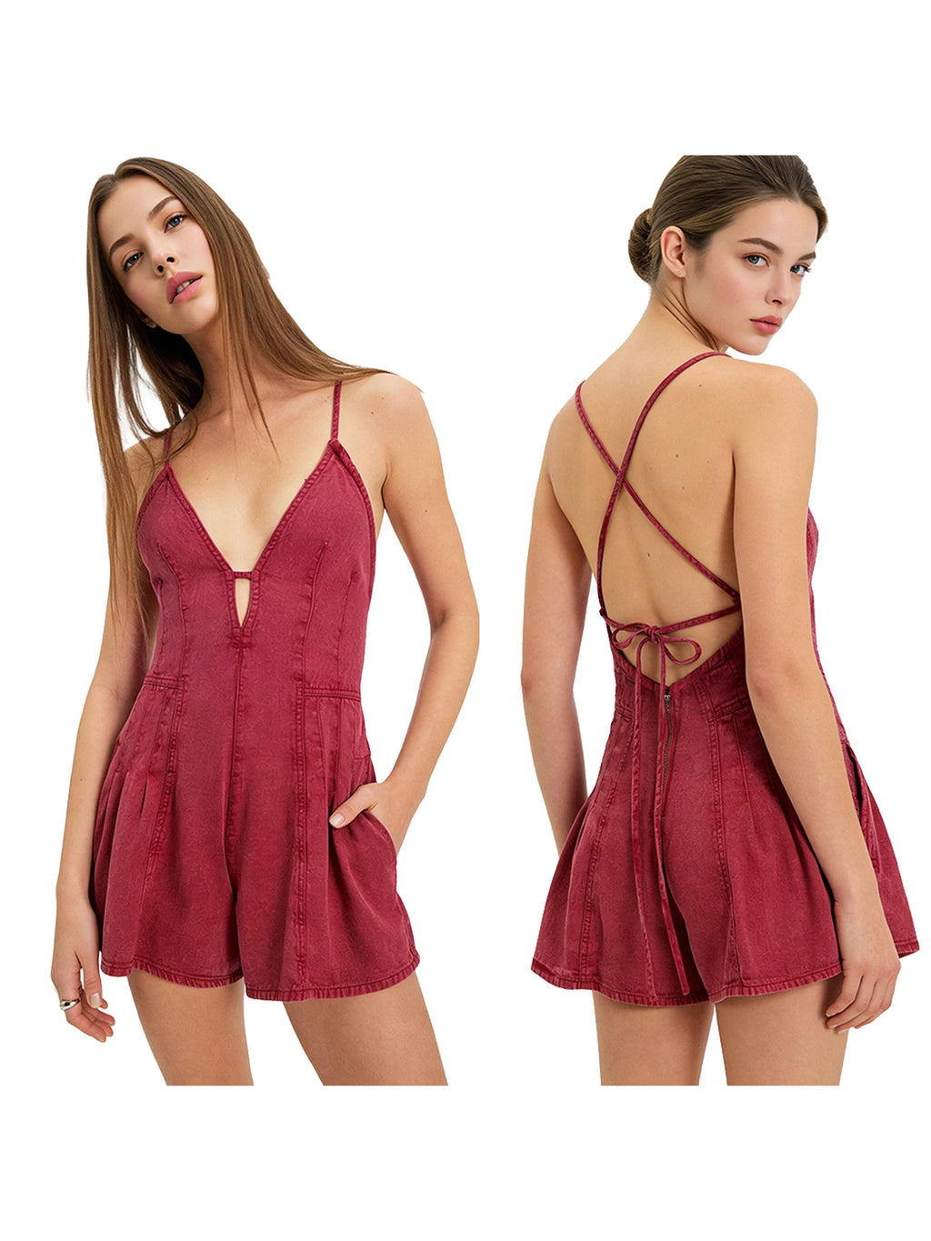 Women's Summer Y2K Retro V-Neck Denim Shorts Jumpsuits Cross Bow Tied Zip-up Backless Loose Wide Leg Flare Playsuit Cute Rompers