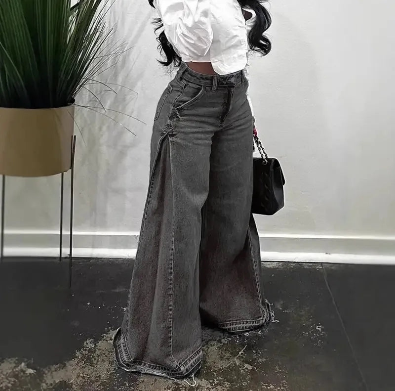 QICHE European American Women Y2K Blue Washed Patchwork Flare Jeans Loose Tassel Floor-Length Wide Leg Denim Pants
