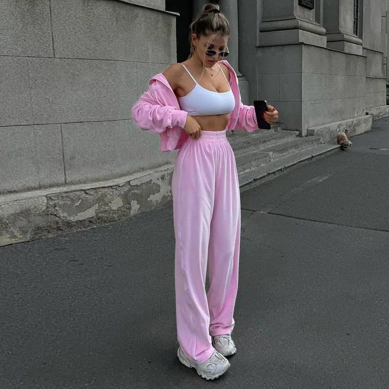 Women's Casual Solid Color Two-piece Short Stand-up Collar Jacket Wide-leg Pants 2026 Street Style Women's Clothing Set