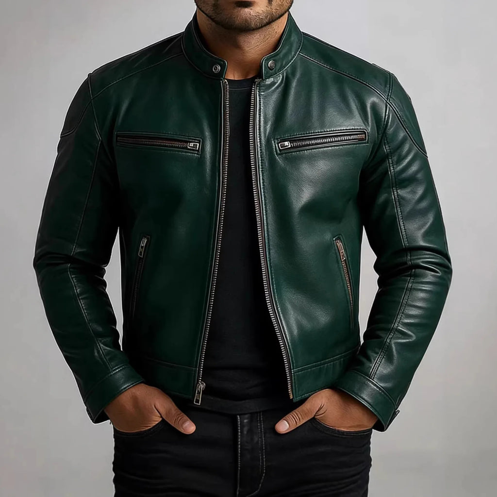 American Retro Men's Pu Leather Jackets Solid Slim Fit Punk Style Stand Collar Zipper Motorcycles Jacket Male Moto Biker Coats