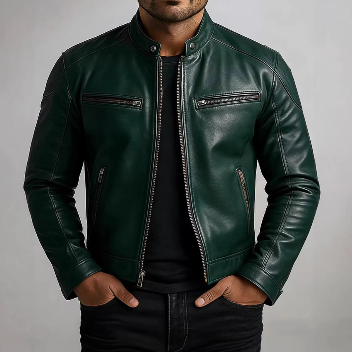 American Retro Men's Pu Leather Jackets Solid Slim Fit Punk Style Stand Collar Zipper Motorcycles Jacket Male Moto Biker Coats