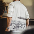 Maden Men's Vintage Printed Long Sleeve Shirt White Cuban Collar Single Breasted Blouse Loose Fit Shirt for Spring and Fall Tops