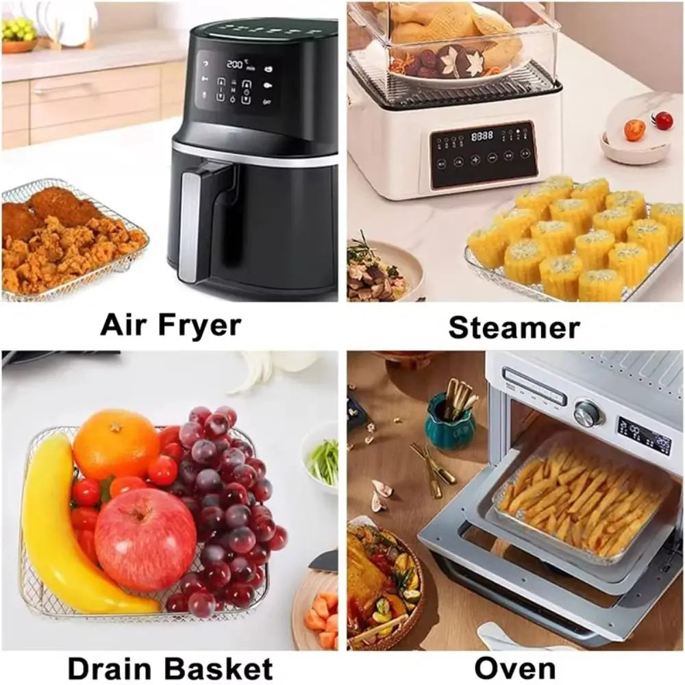 New Stackable Air Fryer Rack Non-Stick Stainless Steel Grilling Rack Airfryer Tray Grill Basket Durable Kitchen Gadgets
