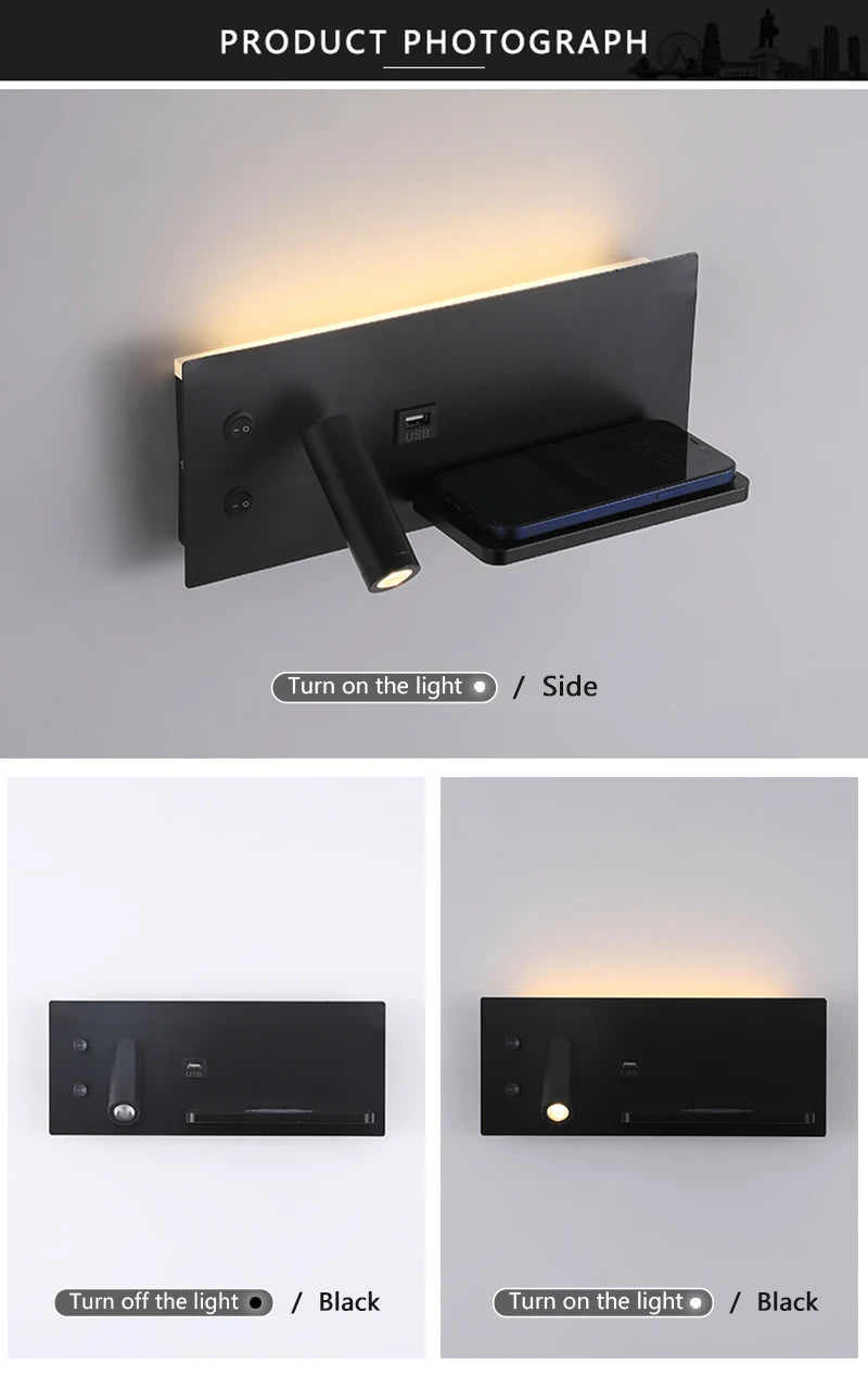 Modern LED Wall Lamp with Wireless Charger Simple Creative USB Interface Night Light Suitable for Living Room Bedroom Study