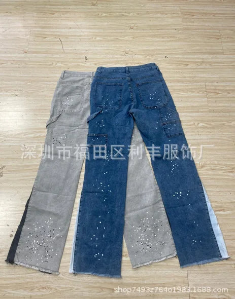 Mens Fashion Jeans Work Pants European American Style Workwear Elastic Patchwork Denim Layered Flared Pants S-XXL Streetwear