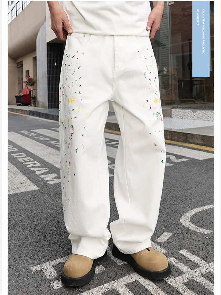 Men's Color Ink White Denim Jeans Cityboy Streetwear Fashion Hip Hop Loose Casual Wide Leg Baggy Jeans Y2k Pants
