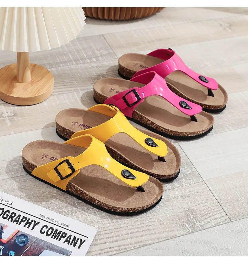 New Cork Sandals for Women Open Toe Beach Slippers with Adjustable Buckle Women Flats Leather Cork Footbed Flip Flops