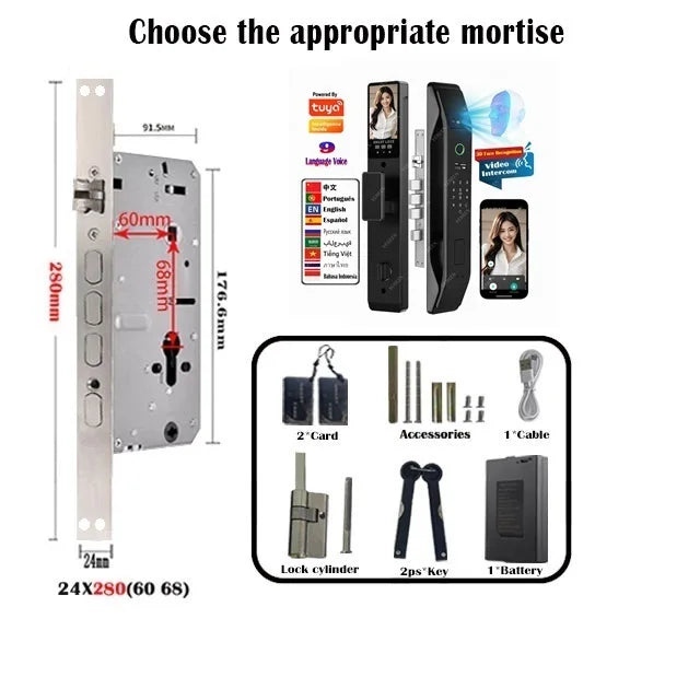 Tuya Wifi App Face Polyglot Electronic Door Lock Fingerprint Recognition Password Smart Digital Lock Key Card 6068 Mortise Lock