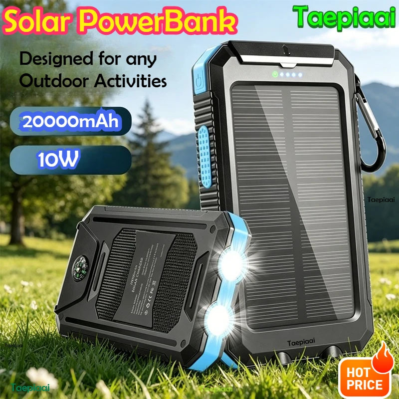 Solar Power Bank 20000mAh Portable Charging Poverbank External Battery Charger Strong Light LDE Light for All Smartphones