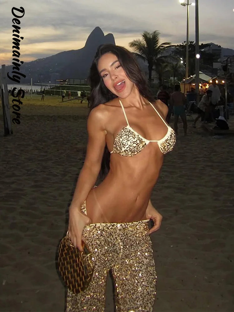 Sexy Sequined Bikini Pants Set Women Sleeveless Backless Halter Cropped Top Wide Leg Pant 2026 Summer Beach Holiday Party Suit