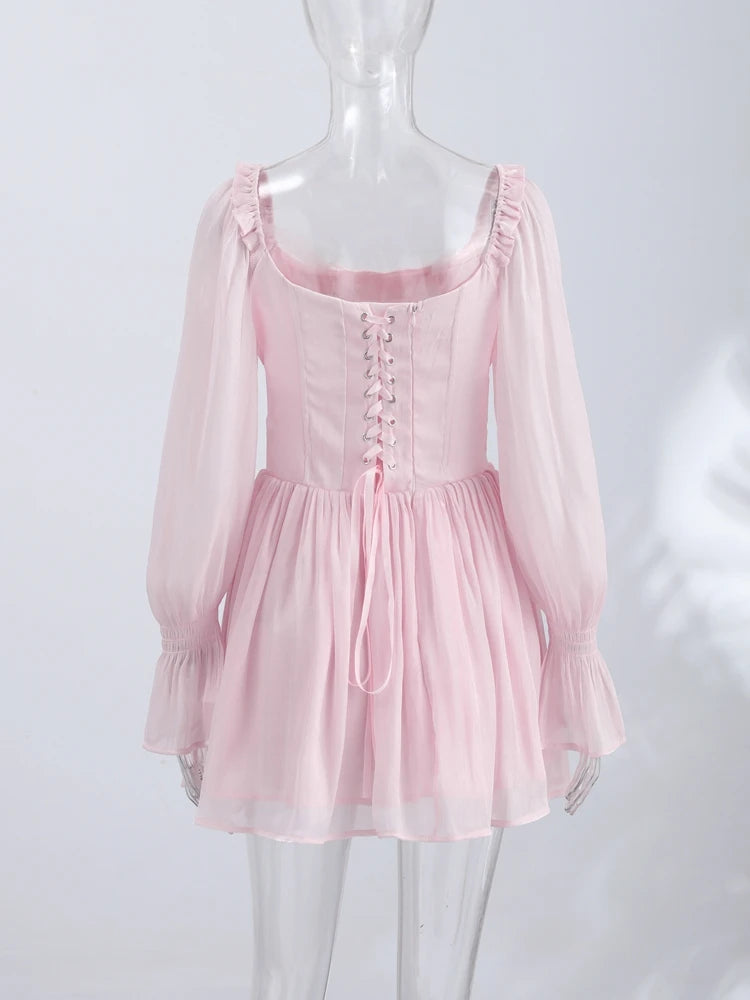 Elegant Square Neck Dress Women's Corset Mini Dress Ruffle Trim Long Sheer Puff Sleeves Romantic Party Dresses Woman Clothes